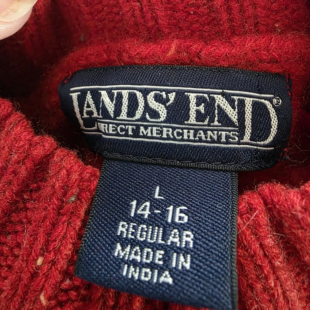 Vintage Lands' End Sweater Womens L Red Lambswool Cable Knit Suede Elbow Patches - Picture 7 of 9